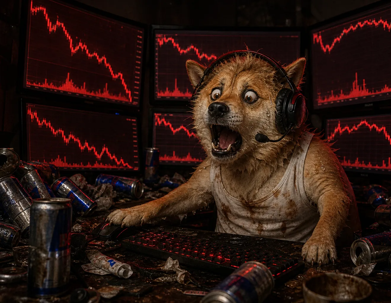 A frantic degen dog surrounded by red charts and energy drinks
