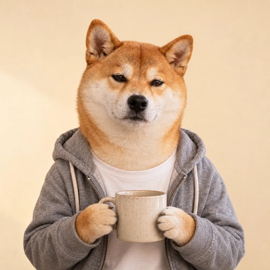 Average Inu, a Shiba in a grey hoodie holding a coffee mug