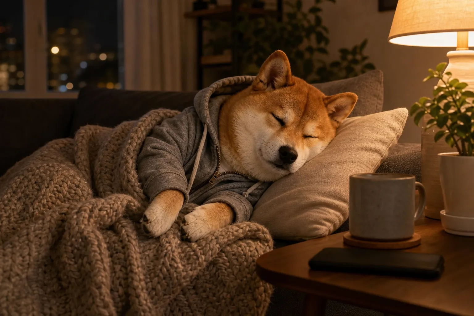 Average Inu asleep on the couch under a blanket